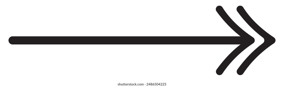 Black long arrow pointing to the right. Straight long arrow icon, right thin line, black cursor, horizontal element, thick pointer vector long arrow icon isolated on white background.