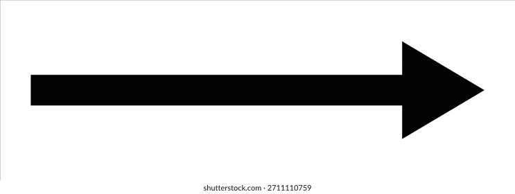 Black long arrow pointing right. Long arrow icon in black color. Graphic illustration for direction symbols, left and right signs. Vector horizontal arrow isolated on white background.