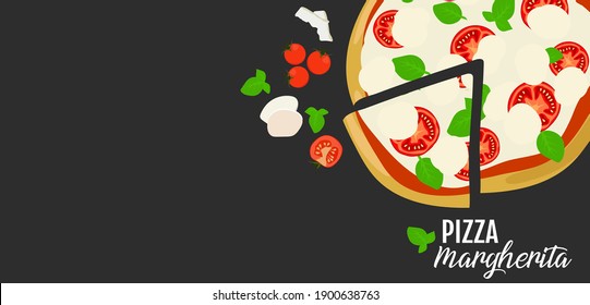 Black long banner with pizza Margherita. Vector illustration