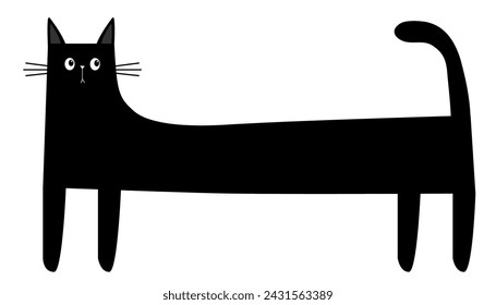 Black long body cat standing. Funny sad face head silhouette. Square kitten banner. Meow. Cute cartoon kawaii baby character. Kawaii animal. Pet collection. Flat design. White background. Vector