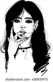 black long hair girl portrait with choker vector clipart