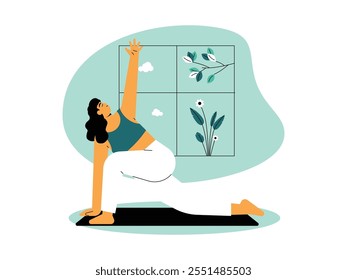 Black long hair woman doing cool down for meditation indoors calmly, wearing green sleeveless crop top and white trousers, vector illustration.