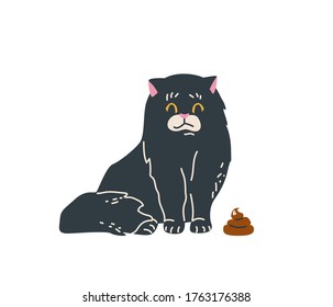 Black long haired cat sitting near brown poop. Embarrassed. Vector illustration in simple cartoon flat style. Isolated on white background.