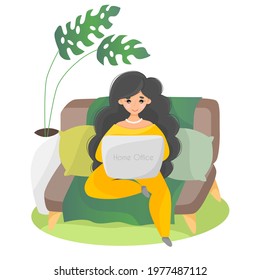 Black long haired wom, sitting indoor on sofa with pillows, working or studying at laptop. Vector flat illustration, isolated on white background. Concept of distant work or study