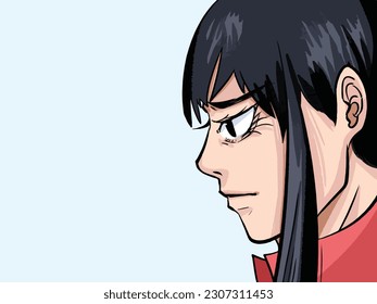 El rostro del joven de pelo largo negro desde la vista lateral con la ilustración vectorial de la ropa roja aislada en el fondo horizontal gris claro. Sencillo dibujo de dibujos animados planos.