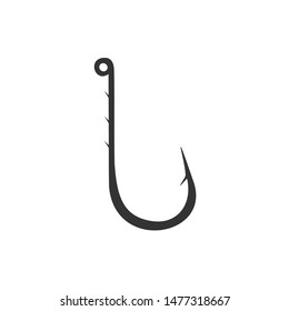 Black long hook with notches isolated on white background. Fishing icon, logo, template. Vector Illustration.