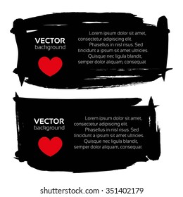 Black long horizontal banners from textured thick smears with red hearts isolated on a white background