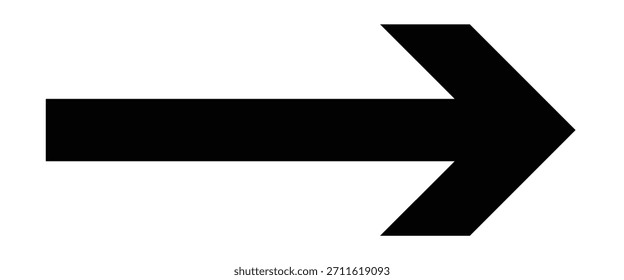 Flecha aislada larga negra sobre fondo blanco. Icono de flecha apuntando hacia el lado derecho en la página blanca. Iconos abstractos aislados de la punta de flecha. Iconos largos aislados negros de la flecha. 