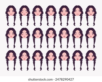 Black long pigtail braids, dark beauty pale girl, female emotion set, young bundle portrait, person head. Different face icons, positive, negative facial expression feature pic. Vector illustration