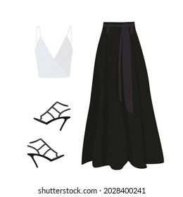 black long skirt white tank top and black sandals on a white background. set of women's clothing