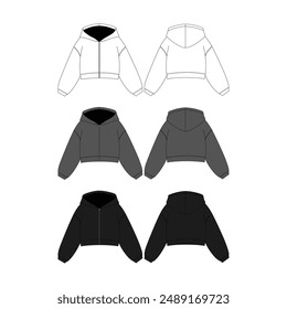 Black Long Sleeve Crop Hoodie Mockup Template Streetwear Cropped Hoodie Vector Flat Technical Illustration Long Sleeve Crop Hoodie Fashion Design Template Vector CAD Long Sleeve Crop Hoodie