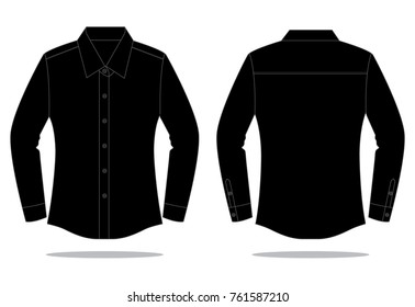 Black Long Sleeve Dress Shirt With One Pocket For Women Template On White Background.Front and Back View, Vector File