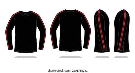 Black Long Sleeve T-Shirt With Red Double Line Design On White Background.Front And Back View, Vector File.