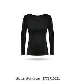 Base de mujeres de manga larga negra o camisa térmica con burla de cuello de la tripulación ilustración vectorial realista aislada en fondo blanco. Ropa deportiva o plantilla de ropa interior.