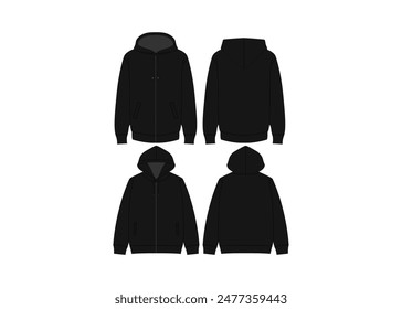 Black Long Sleeves Sweatshirt Hoodie Template Apparel Hoodie Sweatshirt Vector Fashion Illustration Streetwear Sweater Hoodie Flat Technical Drawing CAD Mockup Sweatshirt 