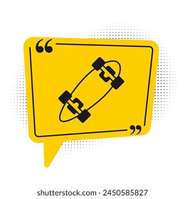 Black Longboard or skateboard cruiser icon isolated on white background. Extreme sport. Sport equipment. Yellow speech bubble symbol. Vector