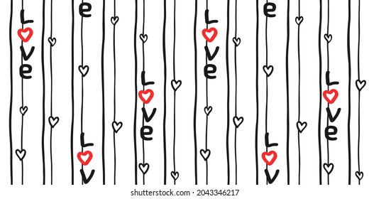 Black longitudinal stripes with Love lettering and small hearts on a white. Vector seamless pattern for wrapping paper, giftwrap, wrapper, surface texture, print. Design template for Valentine`s day 