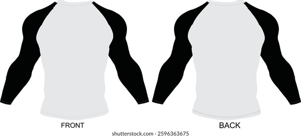 Black long-sleeve rash guard mockup, front and back view. Ideal for MMA, BJJ, grappling, and sportswear design templates.