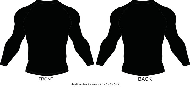 Black long-sleeve rash guard mockup, front and back view. Ideal for MMA, BJJ, grappling, and sportswear design templates.