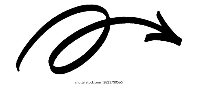 Black loop arrow graffiti pointing doodle showcases curved hand drawn ink marker stroke and urban street art style. Right direction navigation indicator symbol icon for graphic clip art.