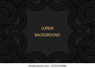 Fundo lorem preto, banner, papel de parede, design de capa tribal, mural. Padrão em relevo geométrico em rabiscar e estilos de zentangle. Ornamentos do Oriente, Ásia, Índia, México, Asteca, Peru. Tradições étnicas.