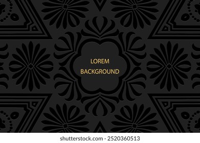 Fundo lorem preto, design de capa tribal, banner. Padrão 3D vintage geométrico, em alto-relevo, colocar para texto. Ornamentos étnicos, arabescos, mandala do Oriente, Ásia, Índia, México, Asteca, Peru.