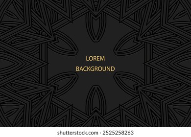 Fundo lorem preto, design de capa tribal, banner. Padrão 3D étnico original geométrico. Ornamentos, arabescos, mandala do Oriente, Ásia, Índia, México, Asteca, Peru. Alto-relevo, inserir texto.