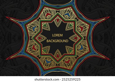 Fundo lorem preto, design de capa tribal, banner. Padrão geométrico étnico 3D com ouro. Ornamentos, arabescos, mandala do Oriente, Ásia, Índia, México, Asteca, Peru. Alto-relevo, inserir texto.
