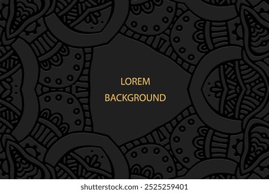 Fundo lorem preto, design de capa tribal, banner. Padrão 3D exótico étnico geométrico. Ornamentos, arabescos, mandala do Oriente, Ásia, Índia, México, Asteca, Peru. Alto-relevo, inserir texto.