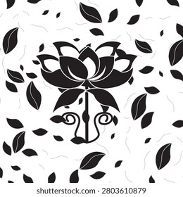 Black Lotus Flower Silhouette with Floating Flying Autumn Leaves Elements Isolated on White Background
