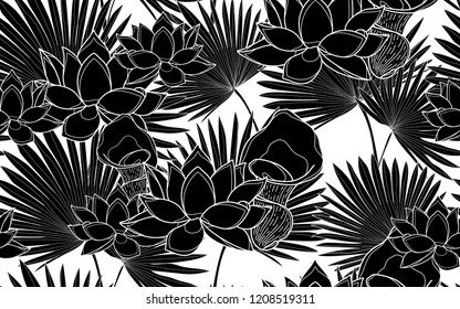 Black lotus flowers and palm leaves pattern. Vector illustration. Botanical seamless wallpaper. Digital nature art. Cartoon style sketch. White background.