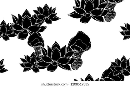 Black lotus flowers pattern. Vector illustration. Botanical seamless wallpaper. Digital nature art. Cartoon style sketch. White background.