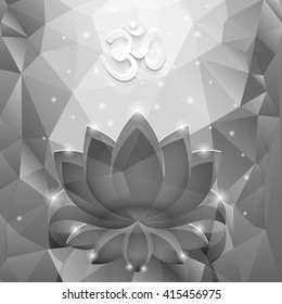 Black lotus in the glass polygon background. The white symbol OM.