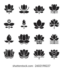 black lotus icons set on white background. Lotus plant. Lotus flower