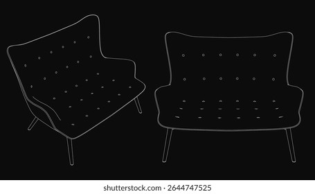 Black lounge chairs with sleek modern design feature curved backrests and tapered legs. The dark background enhances the striking contrast of the black upholstery, creating a sophisticated aesthetic.
