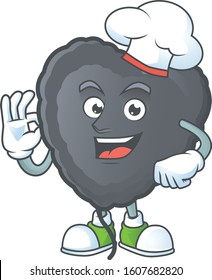 Black love balloon cartoon character wearing costume of chef and white hat