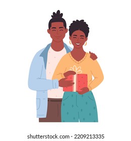 Black love couple hugging and giving gift. Love couple with present. African american family. Holiday surprise. Boxing Day. Hand drawn vector illustration