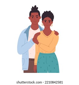 Black love couple hugging and smiling. Sweetheart couple together. Happy family portrait. Hand drawn vector illustration