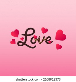 Black Love Font With Golden Glitter Effect And Red Hearts On Pink Background.