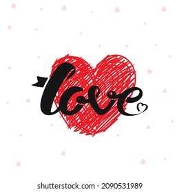 Black Love Font Over Red Scribble Heart On White Background.