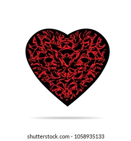 Black love heart with red pattern and shadow on white background. Romantic vector illustration