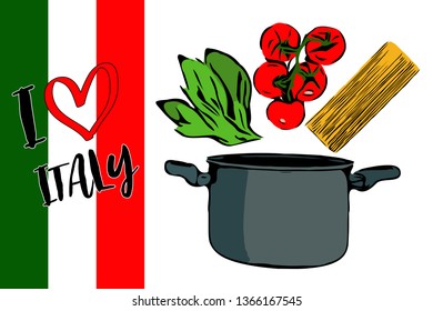 Black I love Italy text with red heart. Green herbs, brunch of red cherry tomatoes and spaghettini going to gray pot. Side view of cartoon pasta ingredients with Italian flag colors on background.