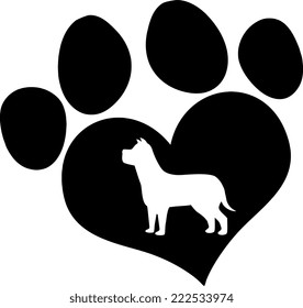 Black Love Paw Print With Dog Silhouette. Vector Illustration Isolated on white