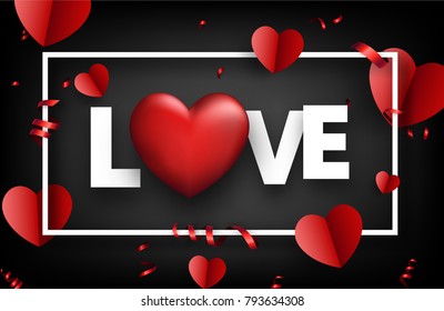 Black love valentine's card with red hearts and serpentine. Vector 3d illustration.