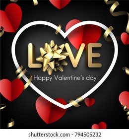 Black love valentine's card with red hearts, gold bow and serpentine. Vector 3d illustration.
