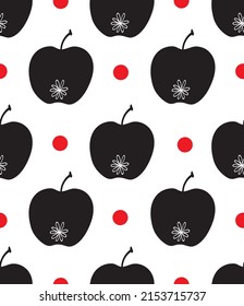 Black and lovely apple with red polka dot. Summer design with cute fruits. Abstract fruits in hand-drawn doodle style. Vector creative texture. Great for fabric, textile, paper and printing.