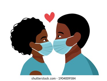 Black Loving Couple Kissing In Protective Mask. Love In Covid19 Coronavirus Quarantine Pandemic Times. Design For Valentine’s Day Greeting Card. African American Lovers.
