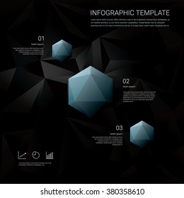 Black low poly background with infographics menu options for business presentations. Blue geometric diamond hexagonal shapes. Eps10 vector illustration.