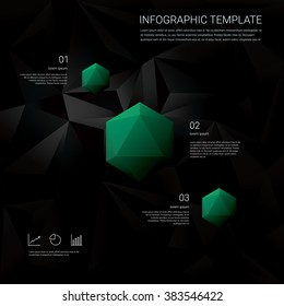 Black low poly background with infographics menu options for business presentations. Blue geometric diamond hexagonal shapes. Eps