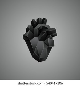 Black Low Poly Human Heart On A Gray Background. Abstract Anatomy Organ.